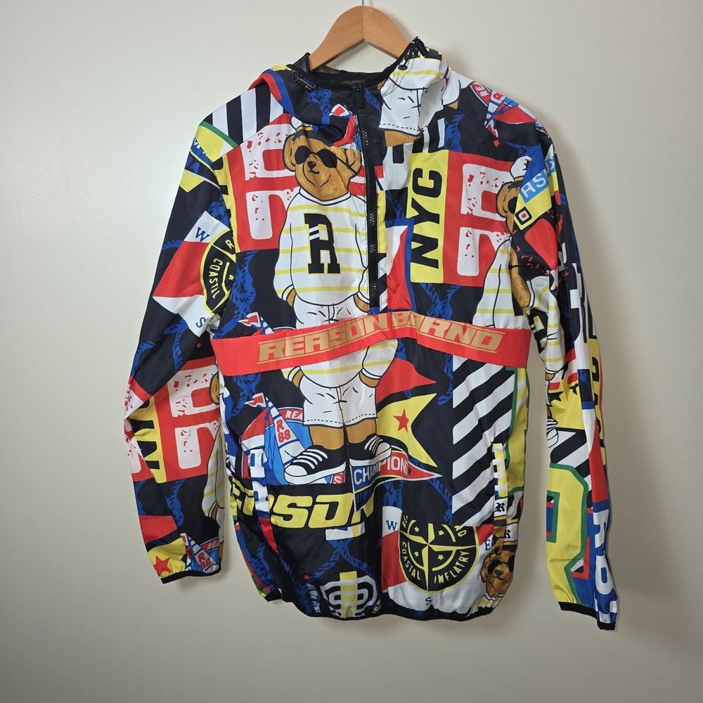 Reason Windbreaker Jacket Mens Size M‎ Red Half Zip Sailor Teddy Bear Hooded